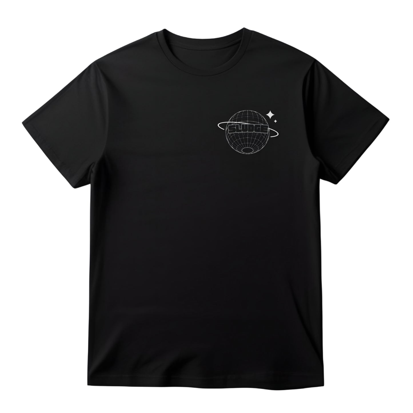 Black unisex t-shirt with a space-themed design featuring a sphere with planetary rings, 'SLUDGE' text, and star accents. Perfect for fans of cosmic and edgy fashion.