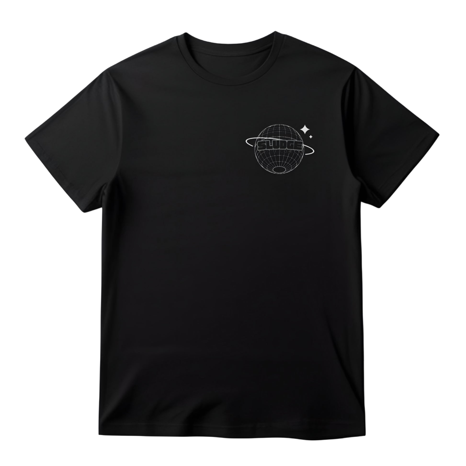 Black unisex t-shirt with a space-themed design featuring a sphere with planetary rings, 'SLUDGE' text, and star accents. Perfect for fans of cosmic and edgy fashion.